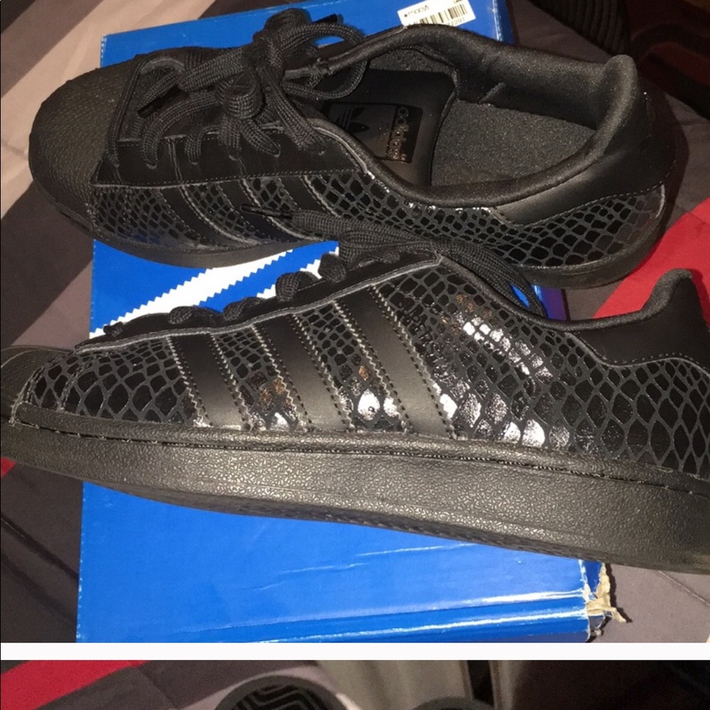 Black snake skin adidas shoes